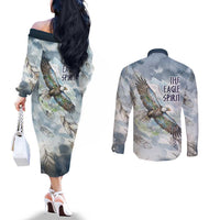 The Eagle Spirit Native American Couples Matching Off The Shoulder Long Sleeve Dress and Long Sleeve Button Shirt Soaring Bald Eagle and Tribal Feathers Watercolor Sky - Wonder Print Shop