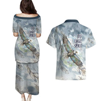 The Eagle Spirit Native American Couples Matching Puletasi and Hawaiian Shirt Soaring Bald Eagle and Tribal Feathers Watercolor Sky - Wonder Print Shop