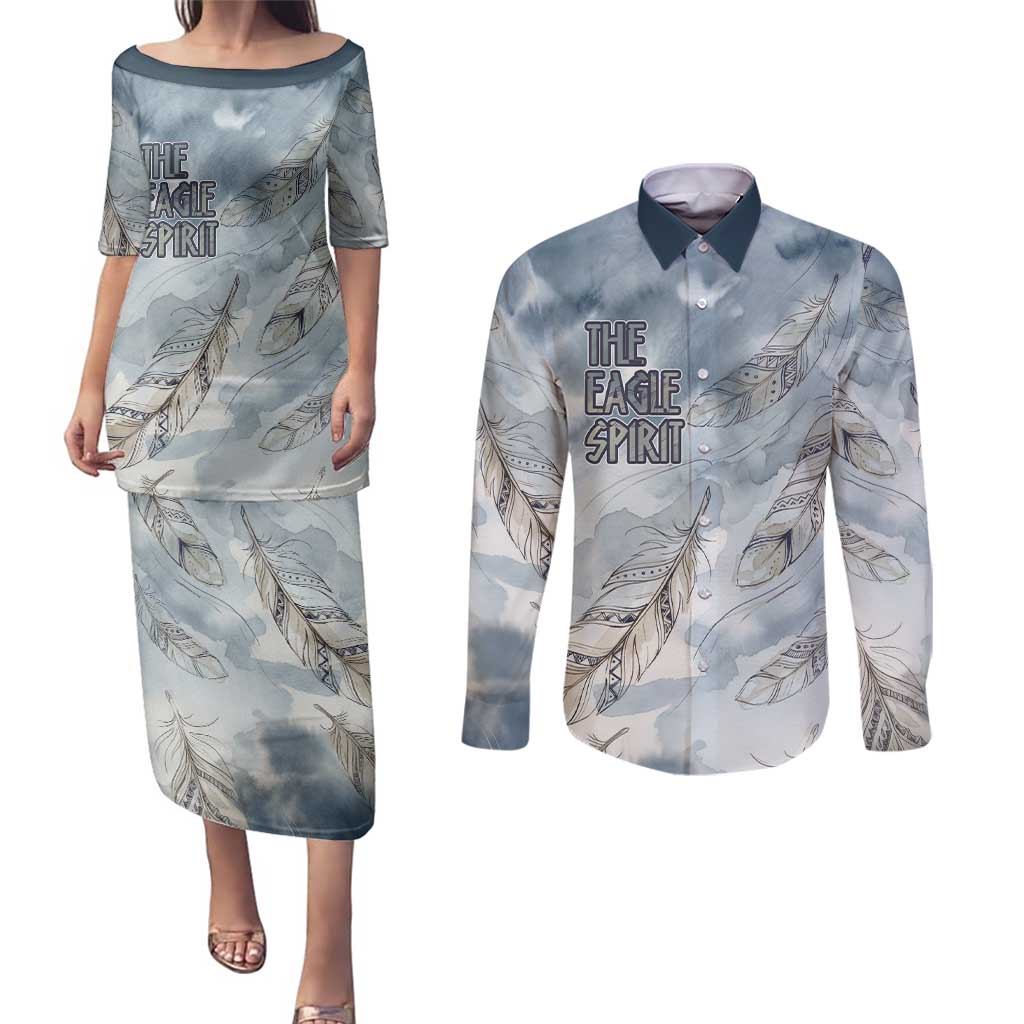 The Eagle Spirit Native American Couples Matching Puletasi and Long Sleeve Button Shirt Soaring Bald Eagle and Tribal Feathers Watercolor Sky - Wonder Print Shop