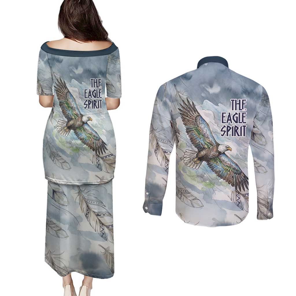The Eagle Spirit Native American Couples Matching Puletasi and Long Sleeve Button Shirt Soaring Bald Eagle and Tribal Feathers Watercolor Sky - Wonder Print Shop