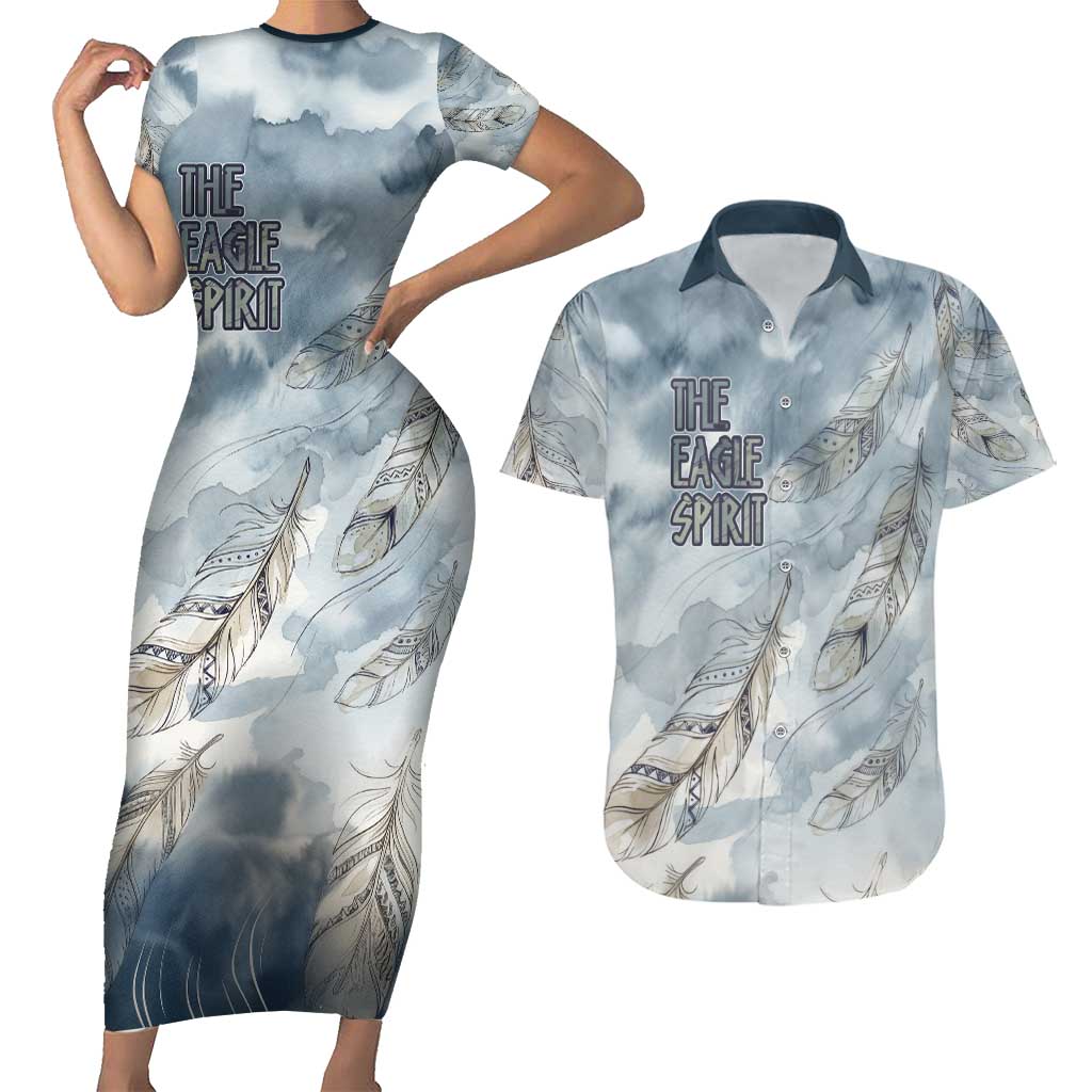 The Eagle Spirit Native American Couples Matching Short Sleeve Bodycon Dress and Hawaiian Shirt Soaring Bald Eagle and Tribal Feathers Watercolor Sky - Wonder Print Shop