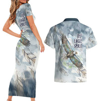 The Eagle Spirit Native American Couples Matching Short Sleeve Bodycon Dress and Hawaiian Shirt Soaring Bald Eagle and Tribal Feathers Watercolor Sky - Wonder Print Shop