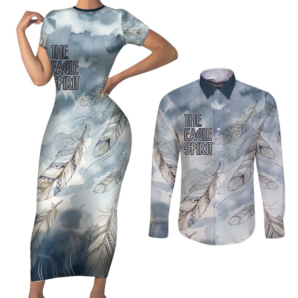 The Eagle Spirit Native American Couples Matching Short Sleeve Bodycon Dress and Long Sleeve Button Shirt Soaring Bald Eagle and Tribal Feathers Watercolor Sky - Wonder Print Shop