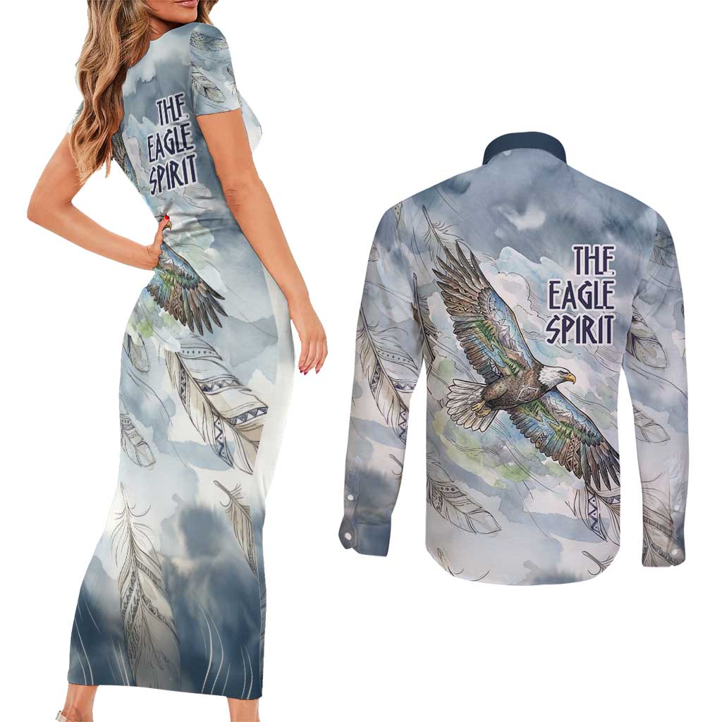 The Eagle Spirit Native American Couples Matching Short Sleeve Bodycon Dress and Long Sleeve Button Shirt Soaring Bald Eagle and Tribal Feathers Watercolor Sky - Wonder Print Shop