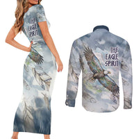 The Eagle Spirit Native American Couples Matching Short Sleeve Bodycon Dress and Long Sleeve Button Shirt Soaring Bald Eagle and Tribal Feathers Watercolor Sky - Wonder Print Shop