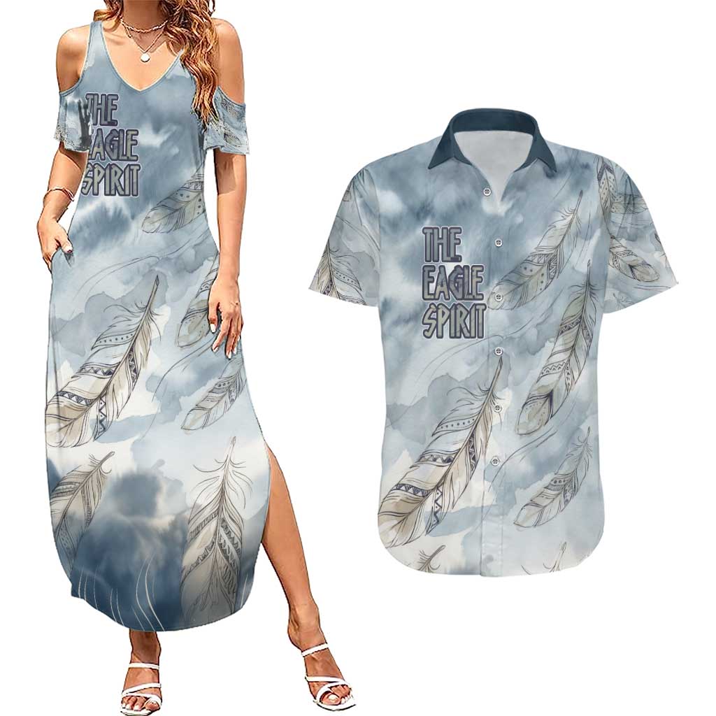 The Eagle Spirit Native American Couples Matching Summer Maxi Dress and Hawaiian Shirt Soaring Bald Eagle and Tribal Feathers Watercolor Sky - Wonder Print Shop