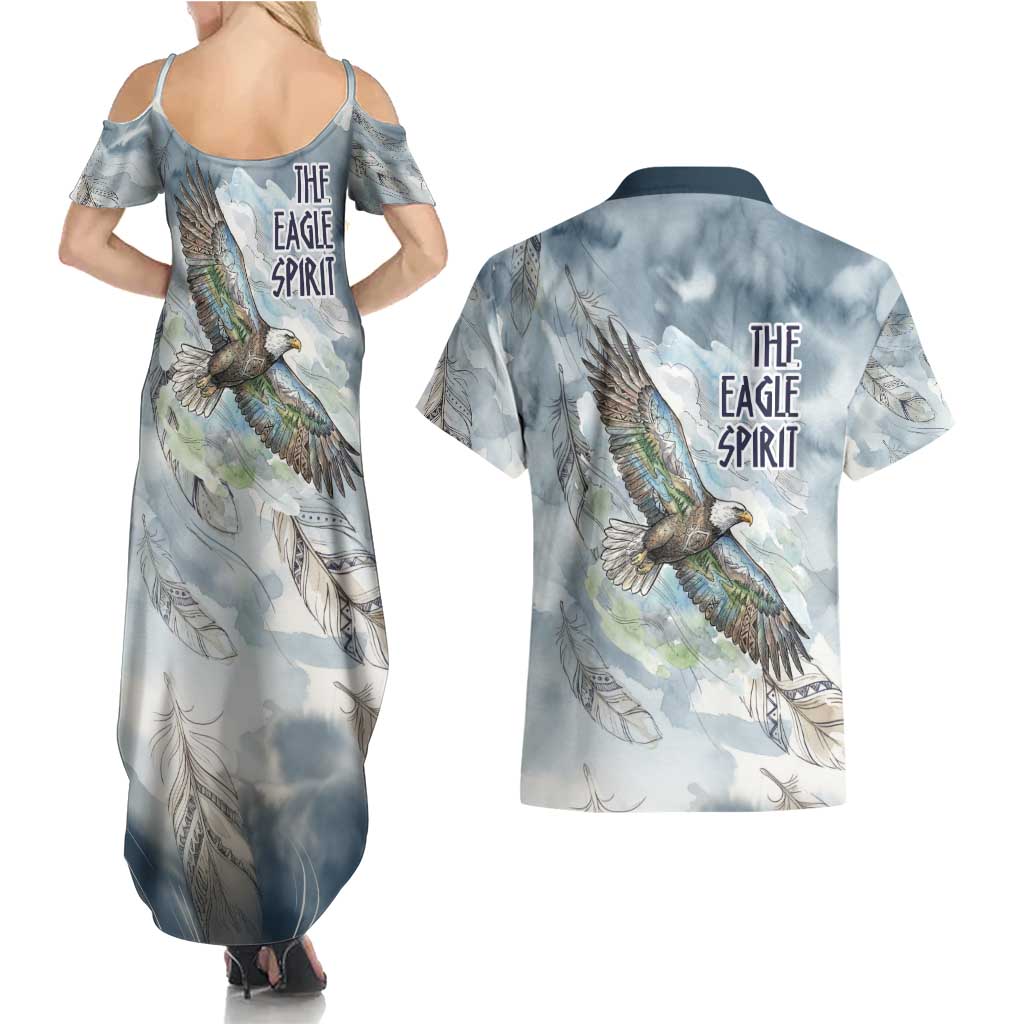 The Eagle Spirit Native American Couples Matching Summer Maxi Dress and Hawaiian Shirt Soaring Bald Eagle and Tribal Feathers Watercolor Sky - Wonder Print Shop