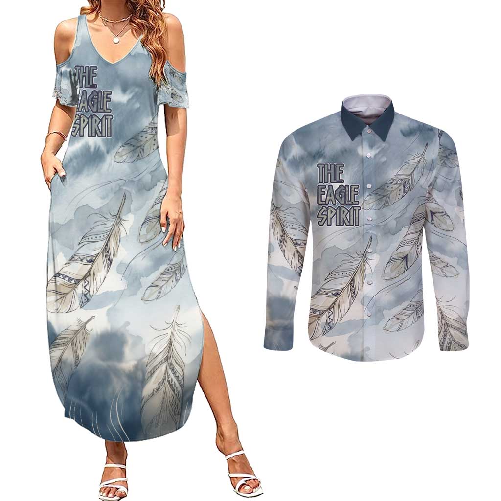 The Eagle Spirit Native American Couples Matching Summer Maxi Dress and Long Sleeve Button Shirt Soaring Bald Eagle and Tribal Feathers Watercolor Sky - Wonder Print Shop
