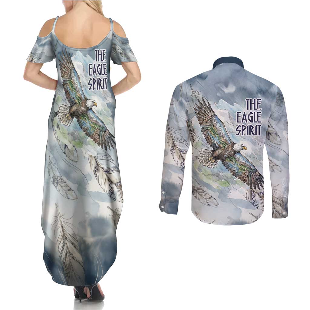 The Eagle Spirit Native American Couples Matching Summer Maxi Dress and Long Sleeve Button Shirt Soaring Bald Eagle and Tribal Feathers Watercolor Sky - Wonder Print Shop