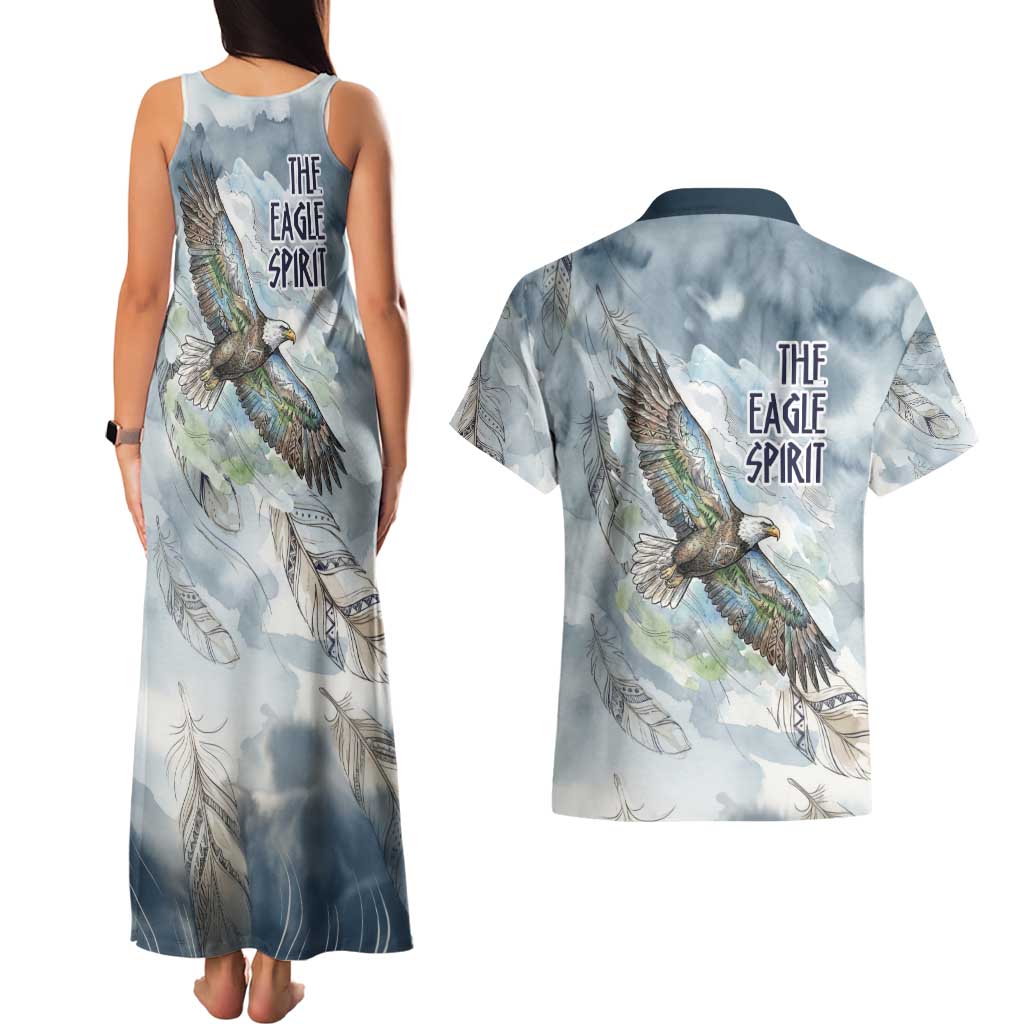 The Eagle Spirit Native American Couples Matching Tank Maxi Dress and Hawaiian Shirt Soaring Bald Eagle and Tribal Feathers Watercolor Sky - Wonder Print Shop