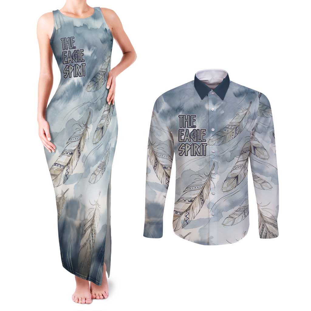The Eagle Spirit Native American Couples Matching Tank Maxi Dress and Long Sleeve Button Shirt Soaring Bald Eagle and Tribal Feathers Watercolor Sky - Wonder Print Shop