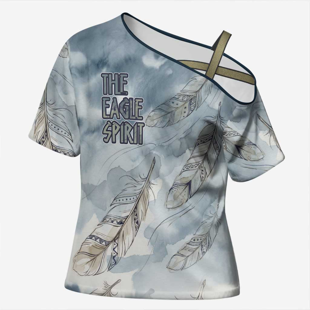 The Eagle Spirit Native American Cross Shoulder Shirt Soaring Bald Eagle and Tribal Feathers Watercolor Sky - Wonder Print Shop
