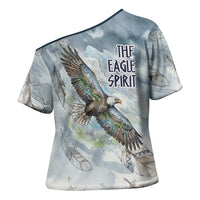 The Eagle Spirit Native American Cross Shoulder Shirt Soaring Bald Eagle and Tribal Feathers Watercolor Sky - Wonder Print Shop