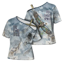 The Eagle Spirit Native American Cross Shoulder Shirt Soaring Bald Eagle and Tribal Feathers Watercolor Sky - Wonder Print Shop