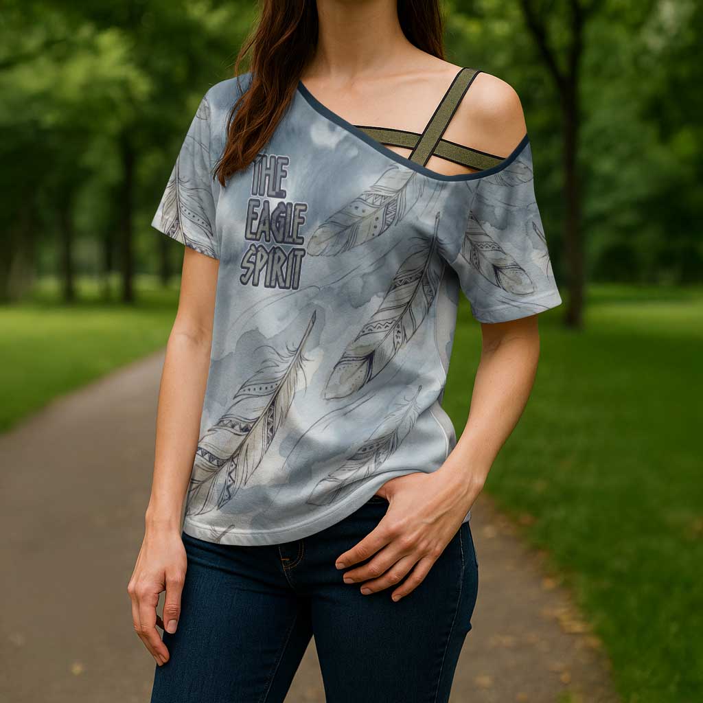 The Eagle Spirit Native American Cross Shoulder Shirt Soaring Bald Eagle and Tribal Feathers Watercolor Sky - Wonder Print Shop