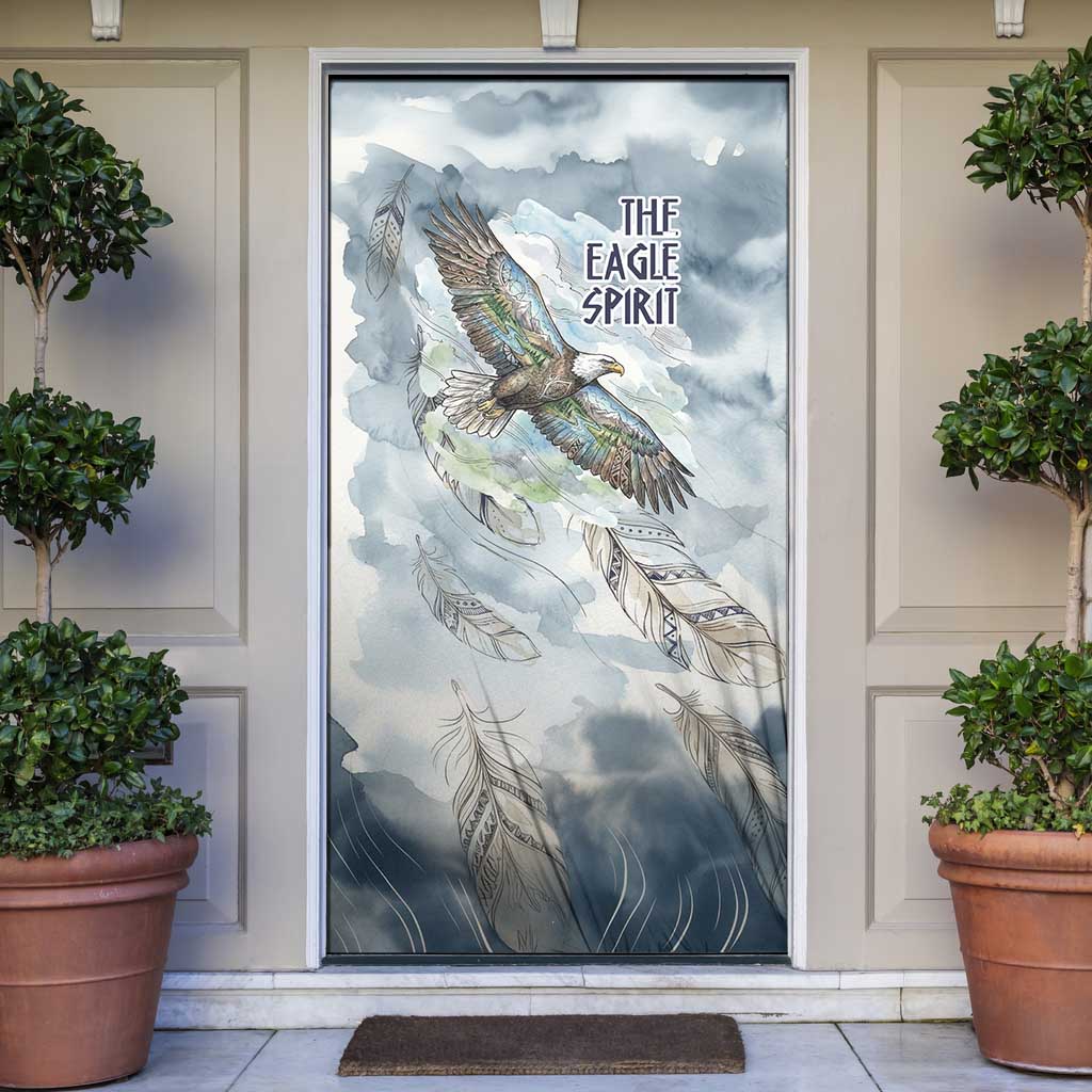 The Eagle Spirit Native American Door Cover Soaring Bald Eagle and Tribal Feathers Watercolor Sky - Wonder Print Shop