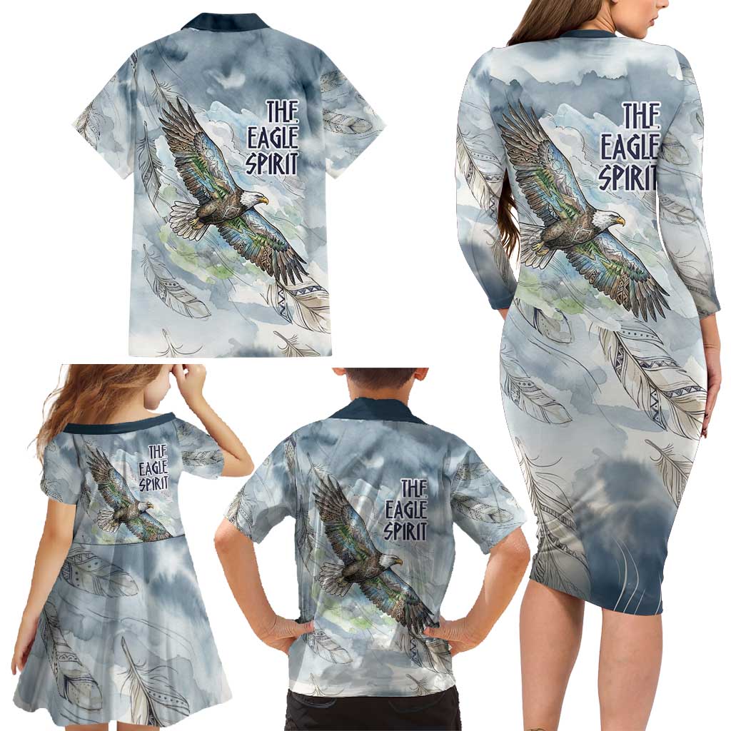 The Eagle Spirit Native American Family Matching Long Sleeve Bodycon Dress and Hawaiian Shirt Soaring Bald Eagle and Tribal Feathers Watercolor Sky - Wonder Print Shop
