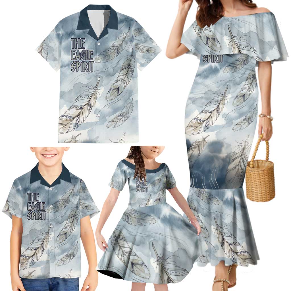 The Eagle Spirit Native American Family Matching Mermaid Dress and Hawaiian Shirt Soaring Bald Eagle and Tribal Feathers Watercolor Sky - Wonder Print Shop