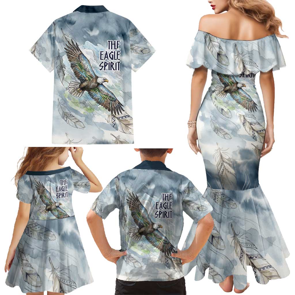 The Eagle Spirit Native American Family Matching Mermaid Dress and Hawaiian Shirt Soaring Bald Eagle and Tribal Feathers Watercolor Sky - Wonder Print Shop