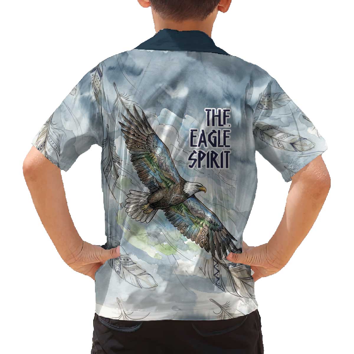 The Eagle Spirit Native American Family Matching Off The Shoulder Long Sleeve Dress and Hawaiian Shirt Soaring Bald Eagle and Tribal Feathers Watercolor Sky - Wonder Print Shop