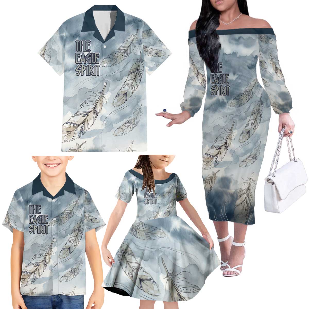 The Eagle Spirit Native American Family Matching Off The Shoulder Long Sleeve Dress and Hawaiian Shirt Soaring Bald Eagle and Tribal Feathers Watercolor Sky - Wonder Print Shop