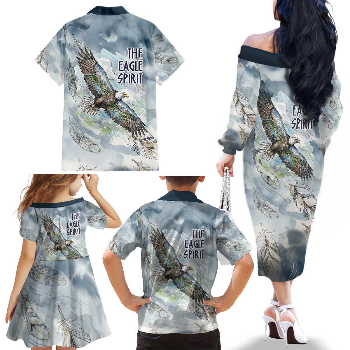 The Eagle Spirit Native American Family Matching Off The Shoulder Long Sleeve Dress and Hawaiian Shirt Soaring Bald Eagle and Tribal Feathers Watercolor Sky - Wonder Print Shop