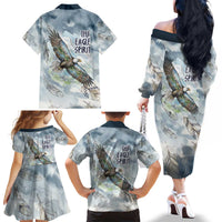 The Eagle Spirit Native American Family Matching Off The Shoulder Long Sleeve Dress and Hawaiian Shirt Soaring Bald Eagle and Tribal Feathers Watercolor Sky - Wonder Print Shop