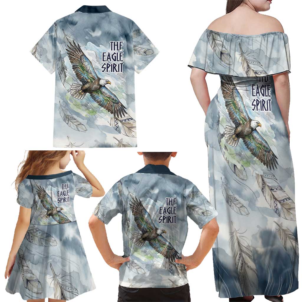 The Eagle Spirit Native American Family Matching Off Shoulder Maxi Dress and Hawaiian Shirt Soaring Bald Eagle and Tribal Feathers Watercolor Sky - Wonder Print Shop