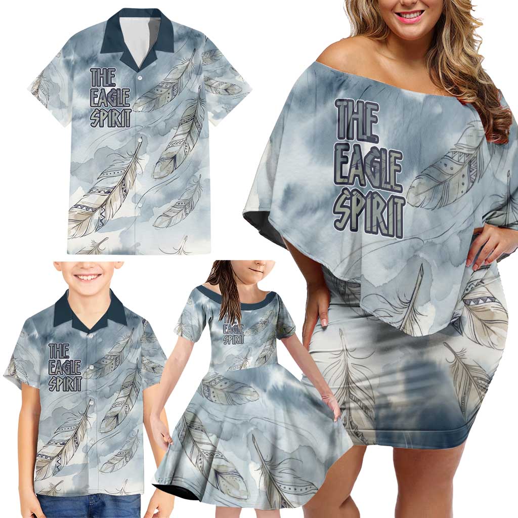 The Eagle Spirit Native American Family Matching Off Shoulder Short Dress and Hawaiian Shirt Soaring Bald Eagle and Tribal Feathers Watercolor Sky - Wonder Print Shop