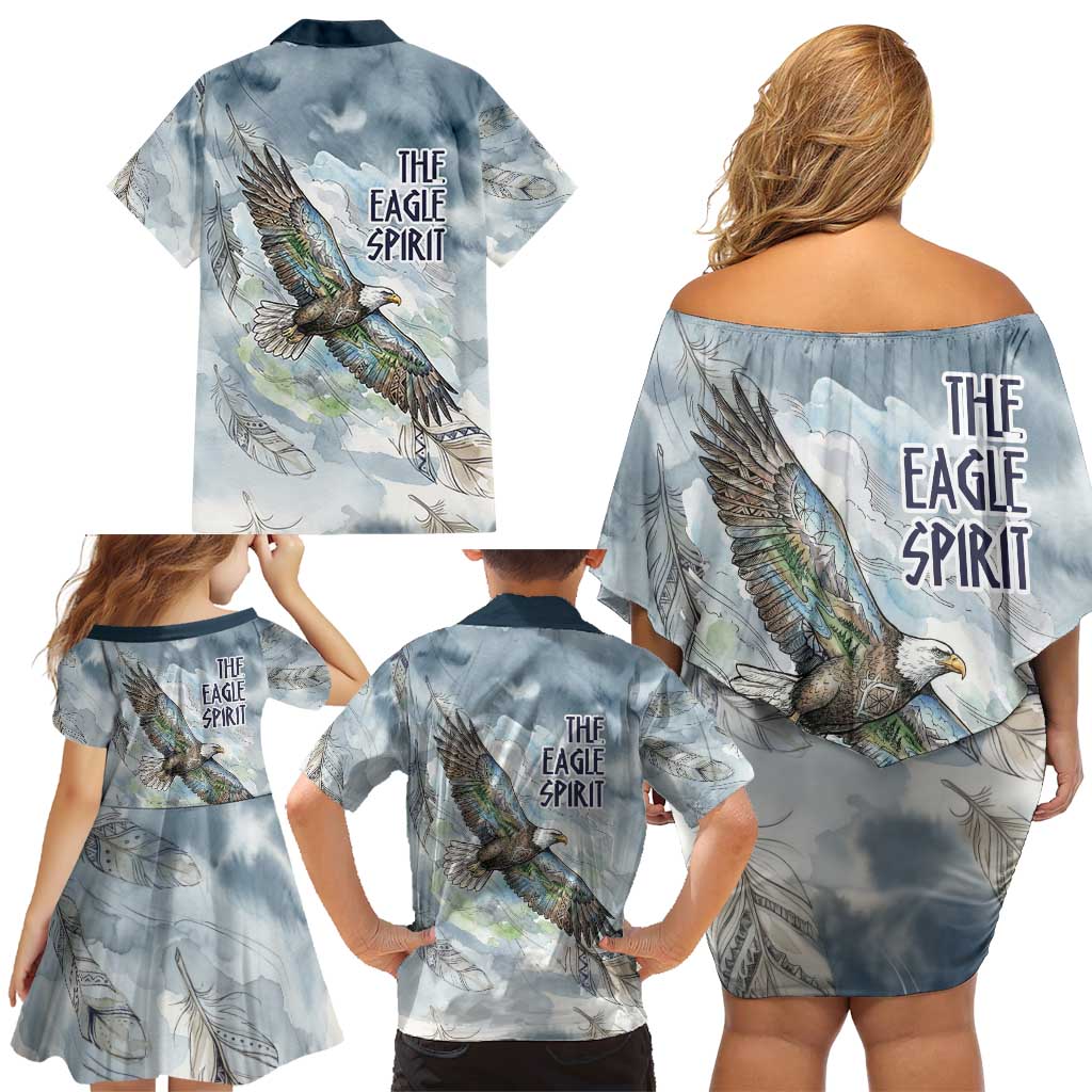 The Eagle Spirit Native American Family Matching Off Shoulder Short Dress and Hawaiian Shirt Soaring Bald Eagle and Tribal Feathers Watercolor Sky - Wonder Print Shop