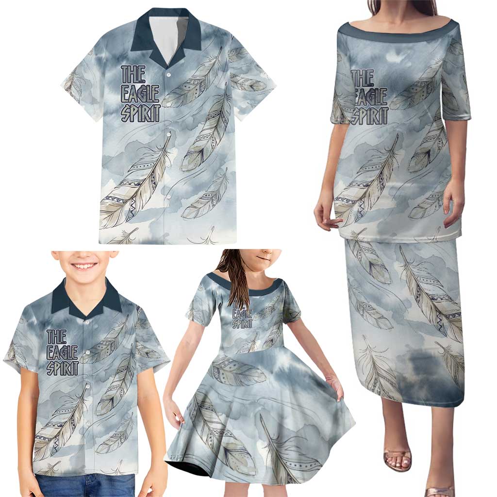 The Eagle Spirit Native American Family Matching Puletasi and Hawaiian Shirt Soaring Bald Eagle and Tribal Feathers Watercolor Sky - Wonder Print Shop