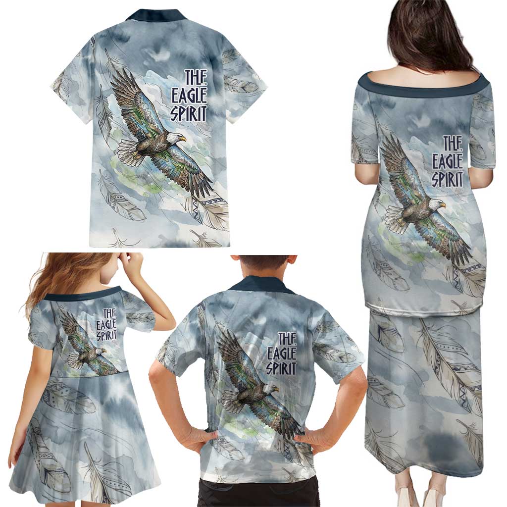 The Eagle Spirit Native American Family Matching Puletasi and Hawaiian Shirt Soaring Bald Eagle and Tribal Feathers Watercolor Sky - Wonder Print Shop