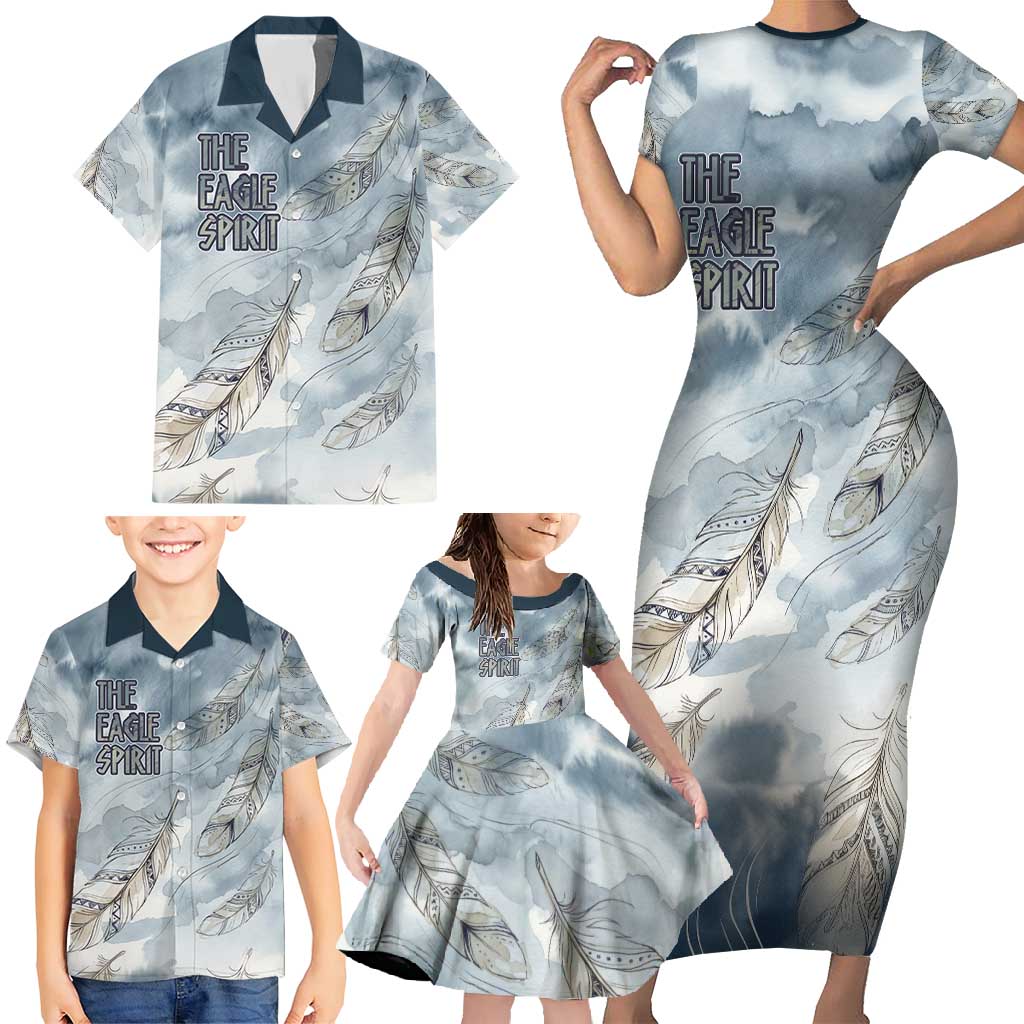 The Eagle Spirit Native American Family Matching Short Sleeve Bodycon Dress and Hawaiian Shirt Soaring Bald Eagle and Tribal Feathers Watercolor Sky - Wonder Print Shop