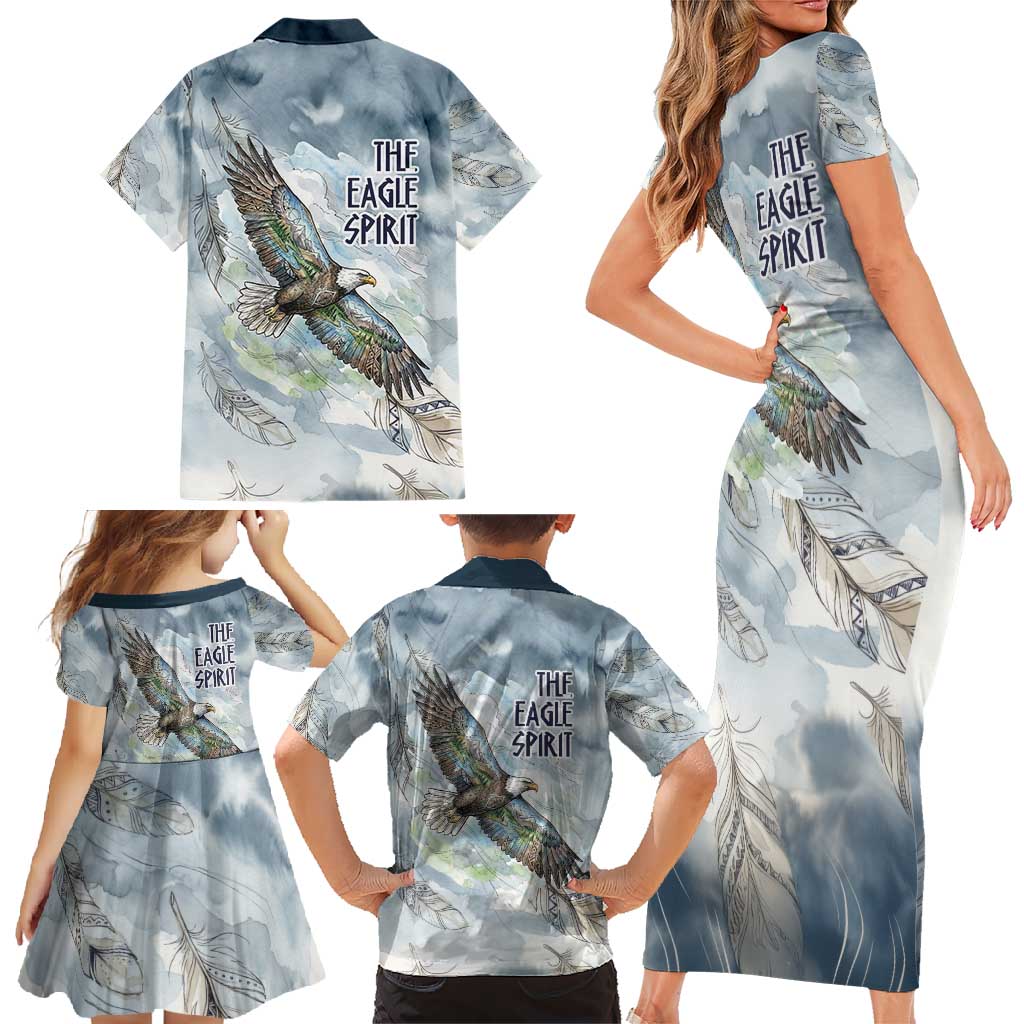 The Eagle Spirit Native American Family Matching Short Sleeve Bodycon Dress and Hawaiian Shirt Soaring Bald Eagle and Tribal Feathers Watercolor Sky - Wonder Print Shop