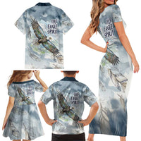 The Eagle Spirit Native American Family Matching Short Sleeve Bodycon Dress and Hawaiian Shirt Soaring Bald Eagle and Tribal Feathers Watercolor Sky - Wonder Print Shop