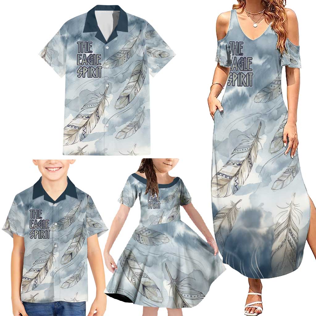 The Eagle Spirit Native American Family Matching Summer Maxi Dress and Hawaiian Shirt Soaring Bald Eagle and Tribal Feathers Watercolor Sky - Wonder Print Shop