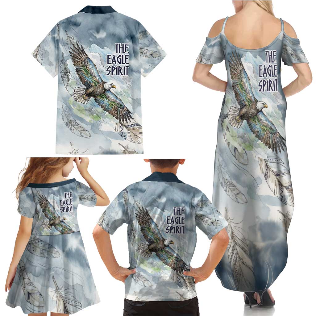 The Eagle Spirit Native American Family Matching Summer Maxi Dress and Hawaiian Shirt Soaring Bald Eagle and Tribal Feathers Watercolor Sky - Wonder Print Shop