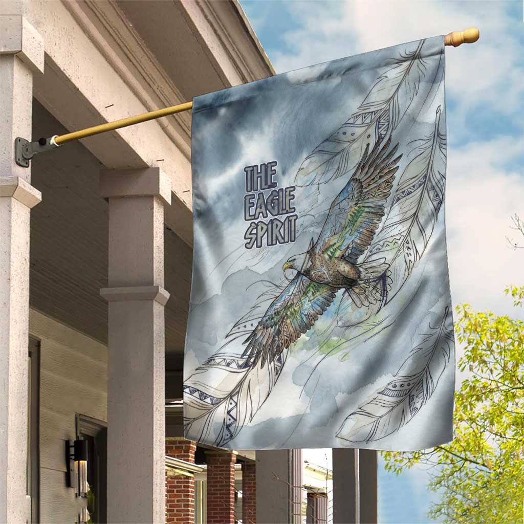The Eagle Spirit Native American Garden Flag Soaring Bald Eagle and Tribal Feathers Watercolor Sky - Wonder Print Shop
