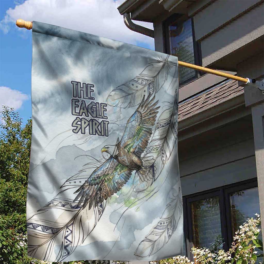 The Eagle Spirit Native American Garden Flag Soaring Bald Eagle and Tribal Feathers Watercolor Sky - Wonder Print Shop