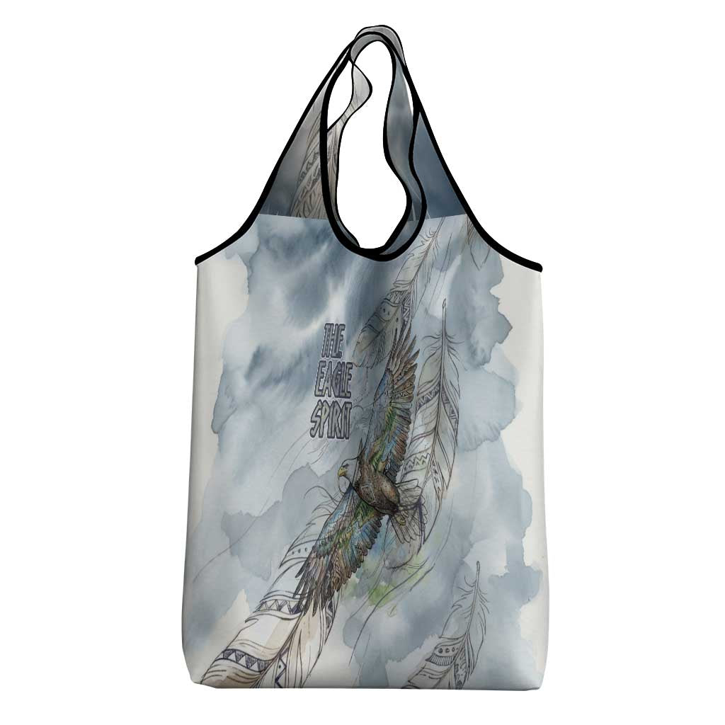 The Eagle Spirit Native American Grocery Bag Soaring Bald Eagle and Tribal Feathers Watercolor Sky - Wonder Print Shop