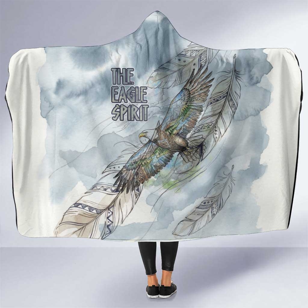 The Eagle Spirit Native American Hooded Blanket Soaring Bald Eagle and Tribal Feathers Watercolor Sky - Wonder Print Shop