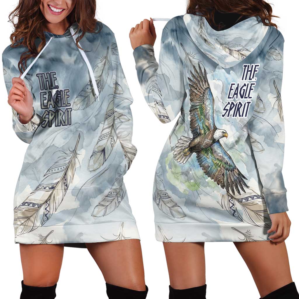 The Eagle Spirit Native American Hoodie Dress Soaring Bald Eagle and Tribal Feathers Watercolor Sky - Wonder Print Shop