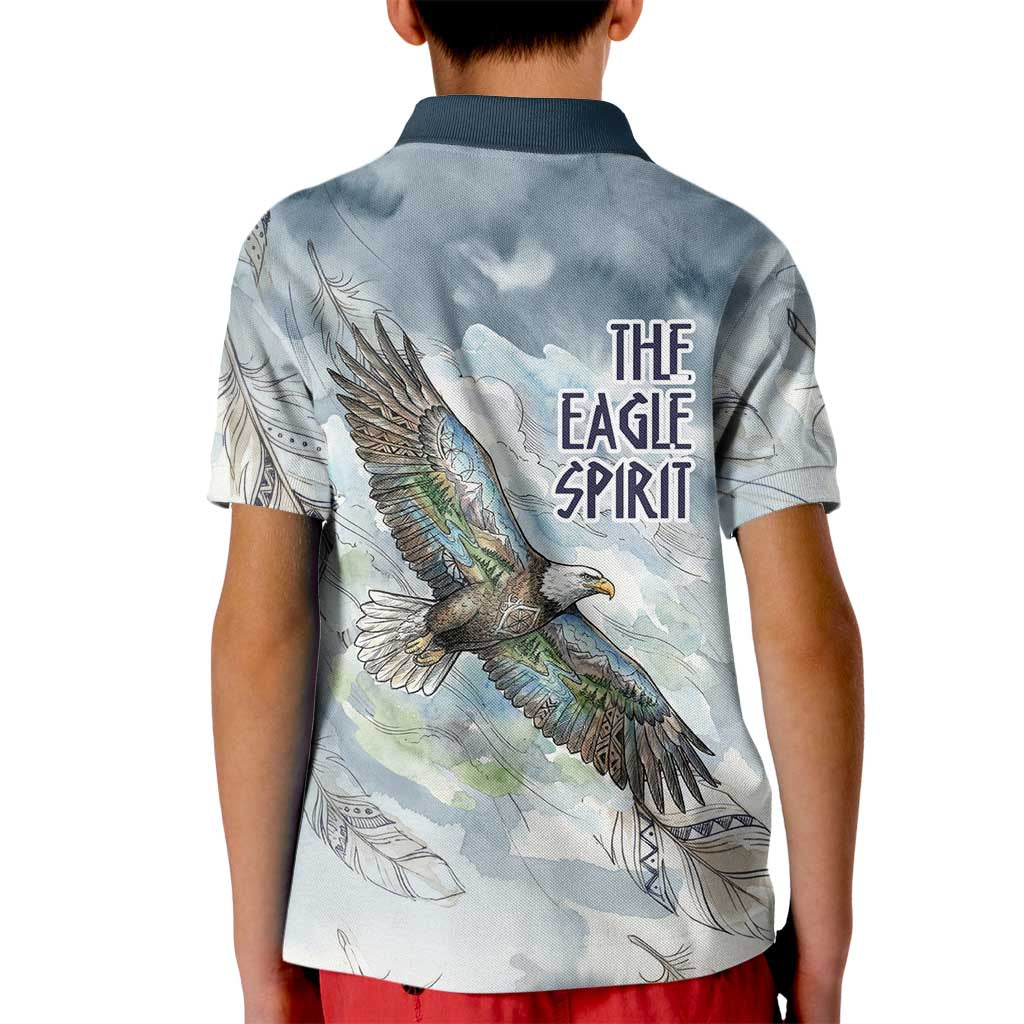 The Eagle Spirit Native American Kid Polo Shirt Soaring Bald Eagle and Tribal Feathers Watercolor Sky - Wonder Print Shop