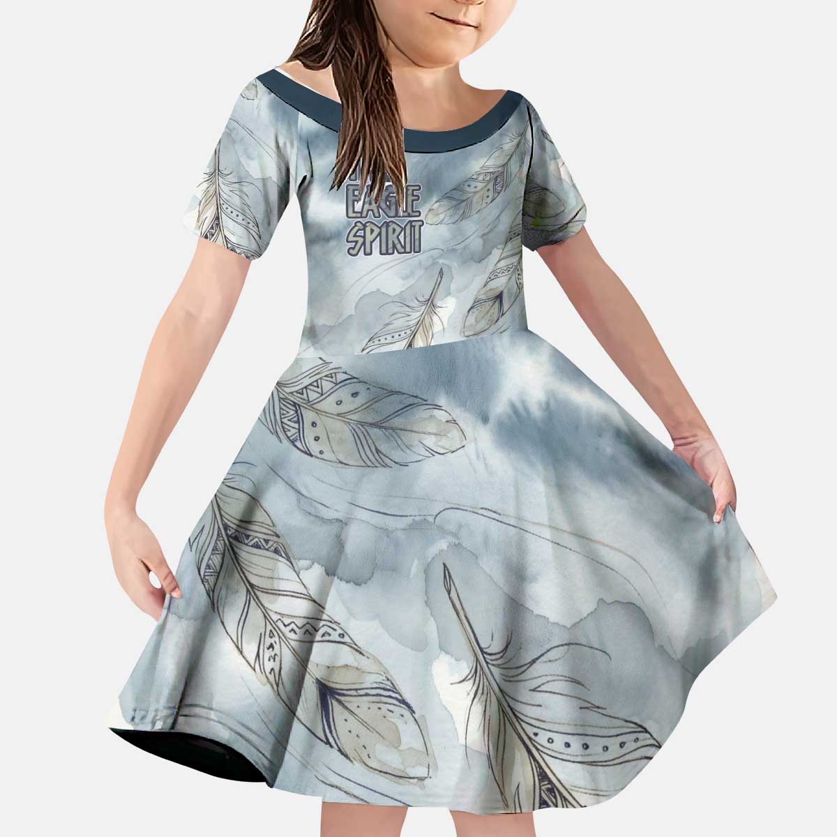 The Eagle Spirit Native American Kid Short Sleeve Dress Soaring Bald Eagle and Tribal Feathers Watercolor Sky - Wonder Print Shop