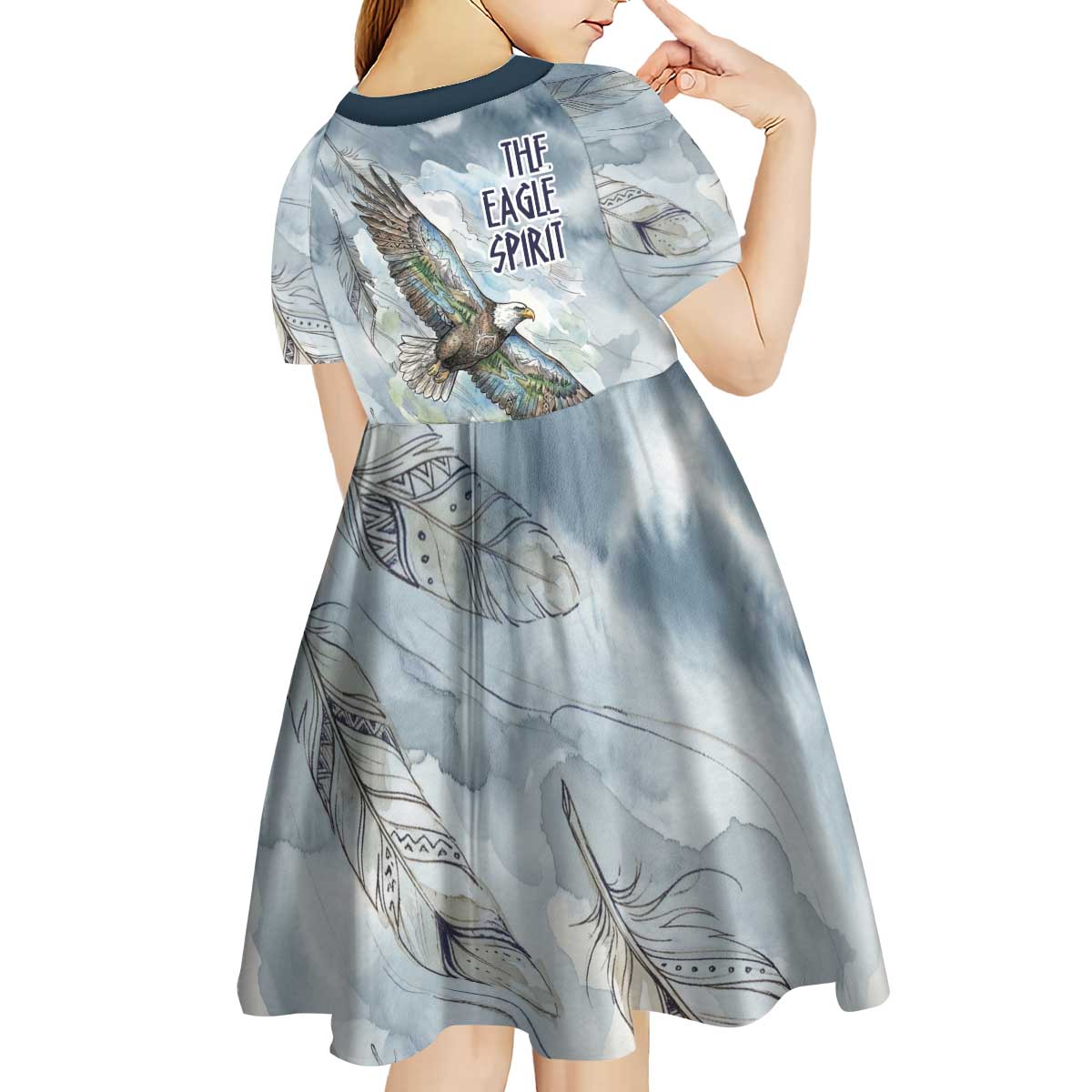 The Eagle Spirit Native American Kid Short Sleeve Dress Soaring Bald Eagle and Tribal Feathers Watercolor Sky - Wonder Print Shop