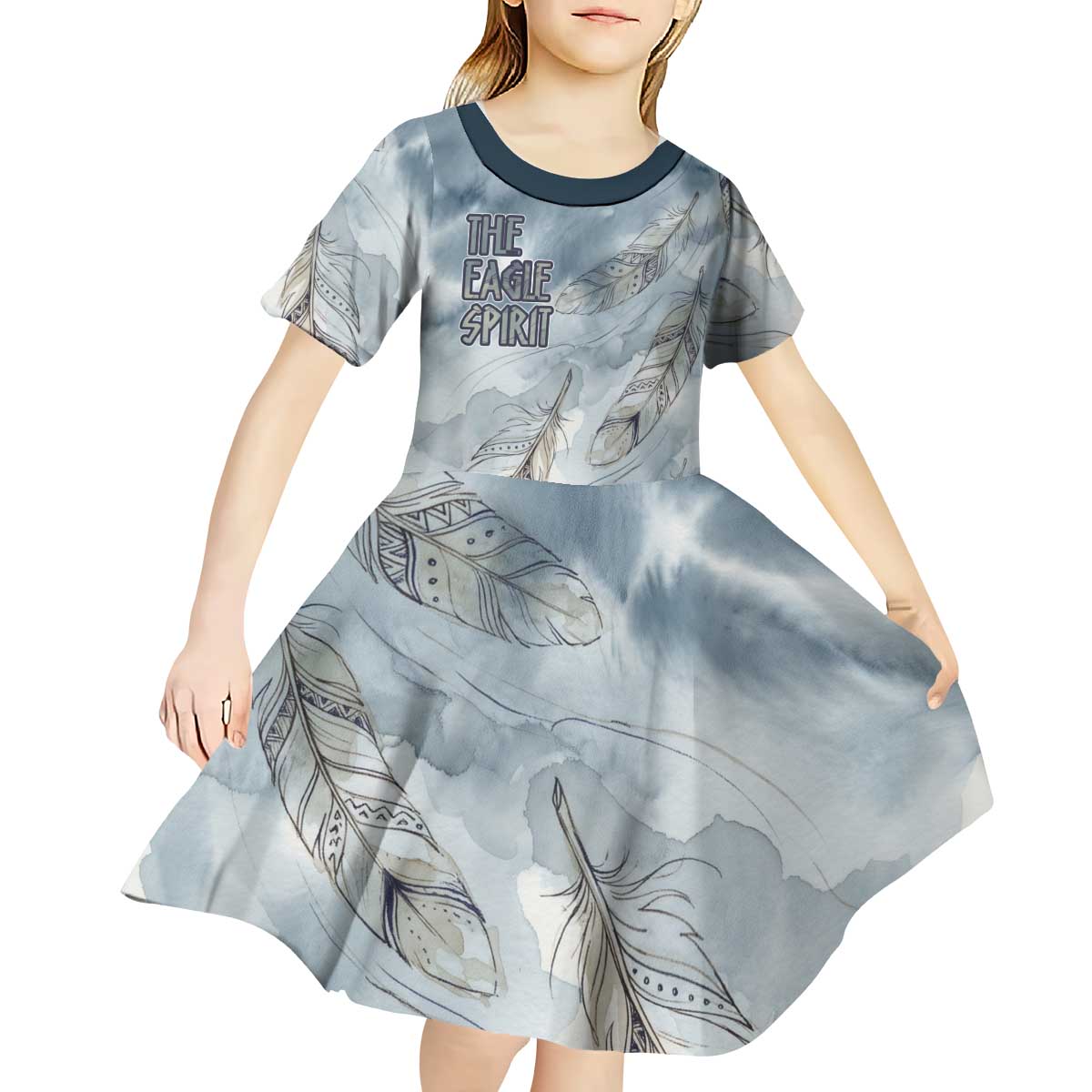 The Eagle Spirit Native American Kid Short Sleeve Dress Soaring Bald Eagle and Tribal Feathers Watercolor Sky - Wonder Print Shop