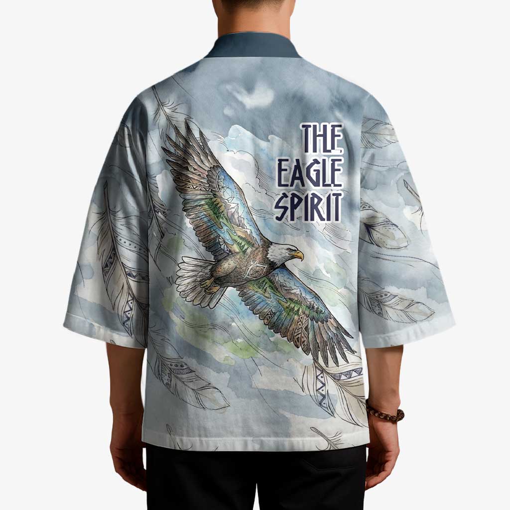 The Eagle Spirit Native American Kimono Soaring Bald Eagle and Tribal Feathers Watercolor Sky - Wonder Print Shop