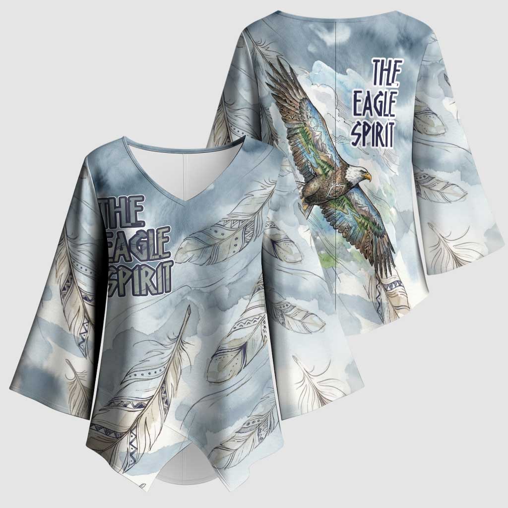 The Eagle Spirit Native American Kimono Sleeve Blouse Soaring Bald Eagle and Tribal Feathers Watercolor Sky - Wonder Print Shop