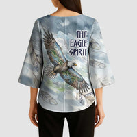 The Eagle Spirit Native American Kimono Sleeve Blouse Soaring Bald Eagle and Tribal Feathers Watercolor Sky - Wonder Print Shop