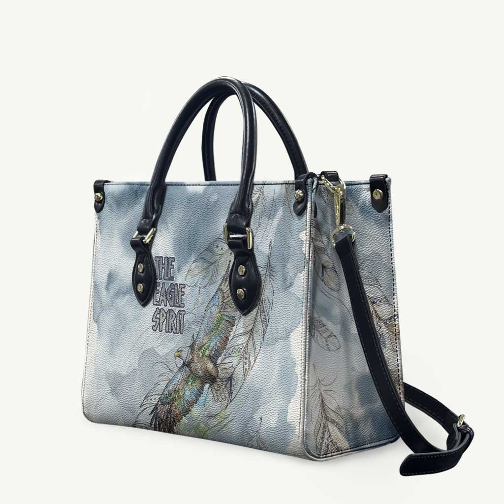 The Eagle Spirit Native American Leather Bag Soaring Bald Eagle and Tribal Feathers Watercolor Sky - Wonder Print Shop